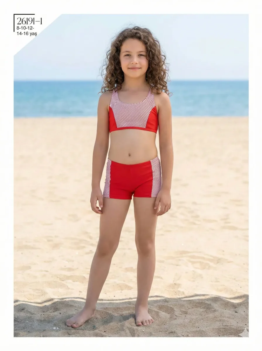 Toptan 2026 Şortlu Kız Çocuk Bikini - Kırmızı Çizgili Model - İstanbul Mayo - 1