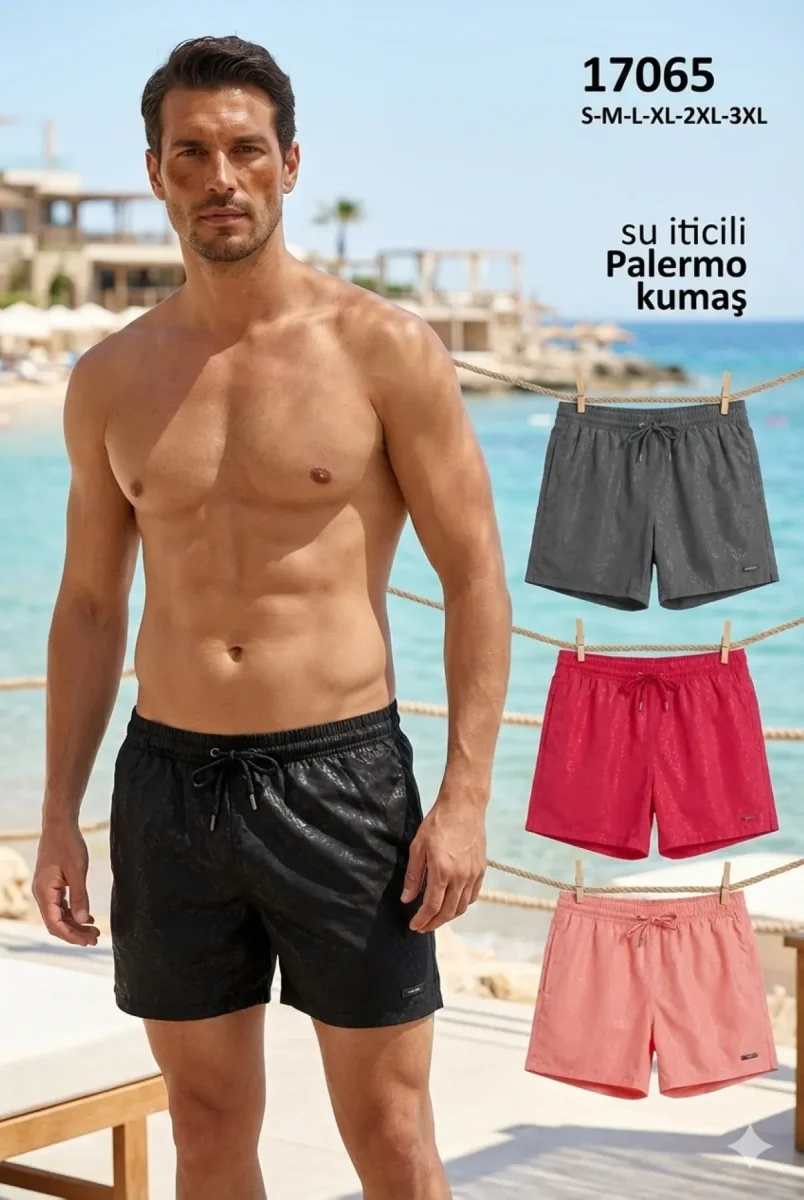 Toptan 2026 Lazer Görünümlü Özel Dokulu Erkek Deniz Şortu - 17065 - İstanbul Mayo - 1