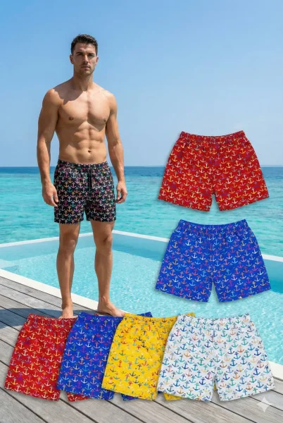 Çapa Desenli Klasik Erkek Deniz Şortu - Çok Renkli - İstanbul Mayo