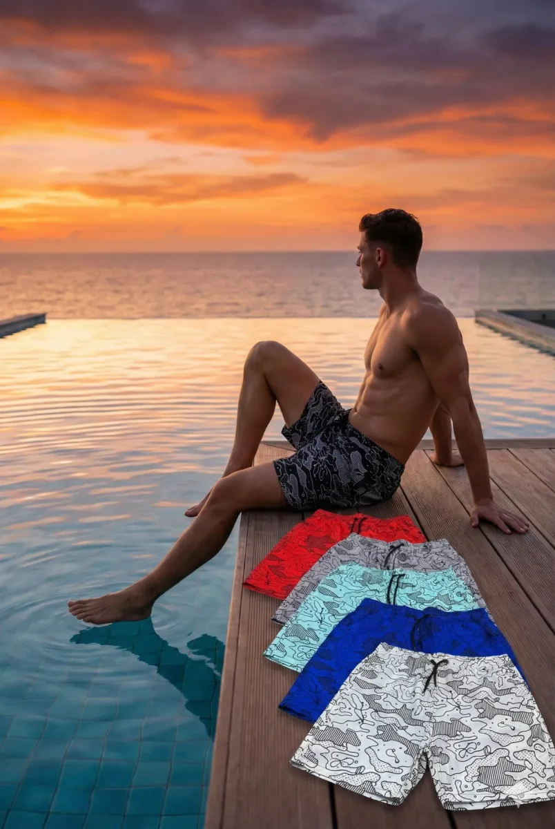 Toptan Grafik Doodle Desenli Erkek Deniz Şortu Serisi - 1