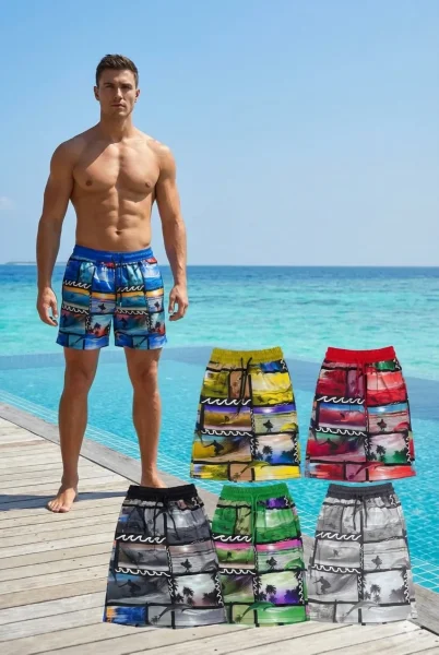 Sörf ve Gün Batımı Grafik Desenli Erkek Deniz Şortu - İstanbul Mayo