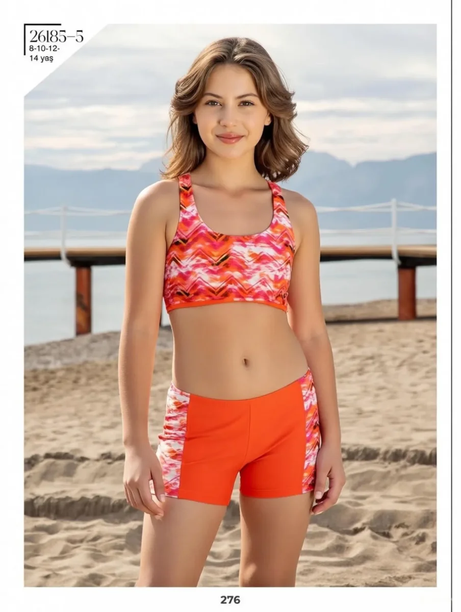 Toptan 2026 Şortlu Kız Çocuk Bikini - Turuncu Mor Çizgili Model - İstanbul Mayo - 1