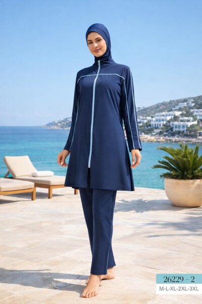 Spor Çizgili Fermuarlı Toptan Tesettür Mayo – Tam Kapalı Model - İstanbul Mayo