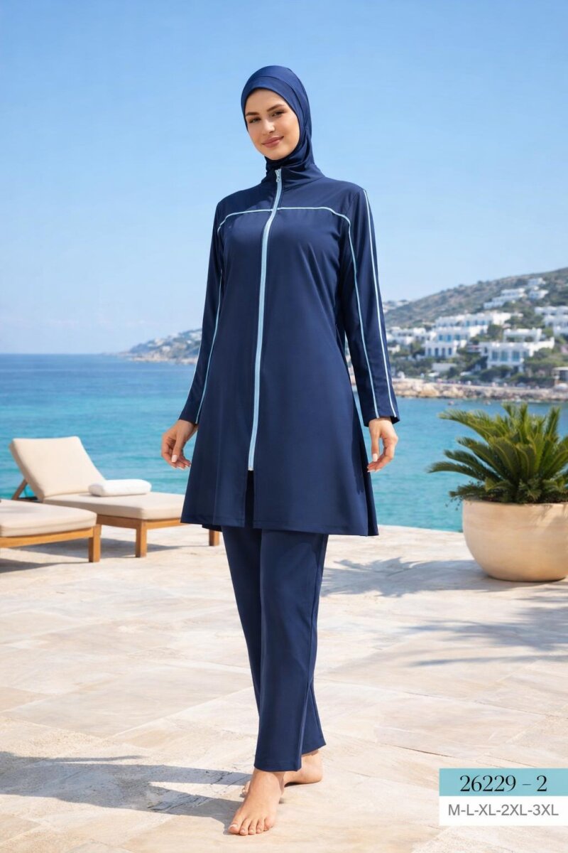 Spor Çizgili Fermuarlı Toptan Tesettür Mayo – Tam Kapalı Model - 1