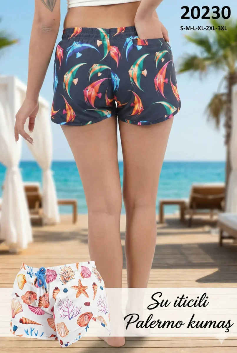 toptan kadın deniz şortu tropikal balik desenli 20230 - 1