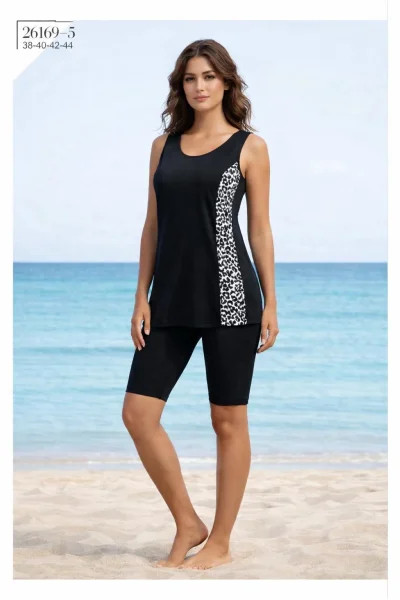 Toptan Tankini Taytlı Mayo Siyah Leopar - Istanbul Mayo