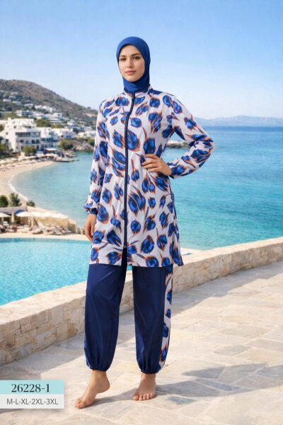Toptan Yaprak Desenli Fermuarlı Tesettür Mayo – Akıcı Kalıp Model - İstanbul Mayo