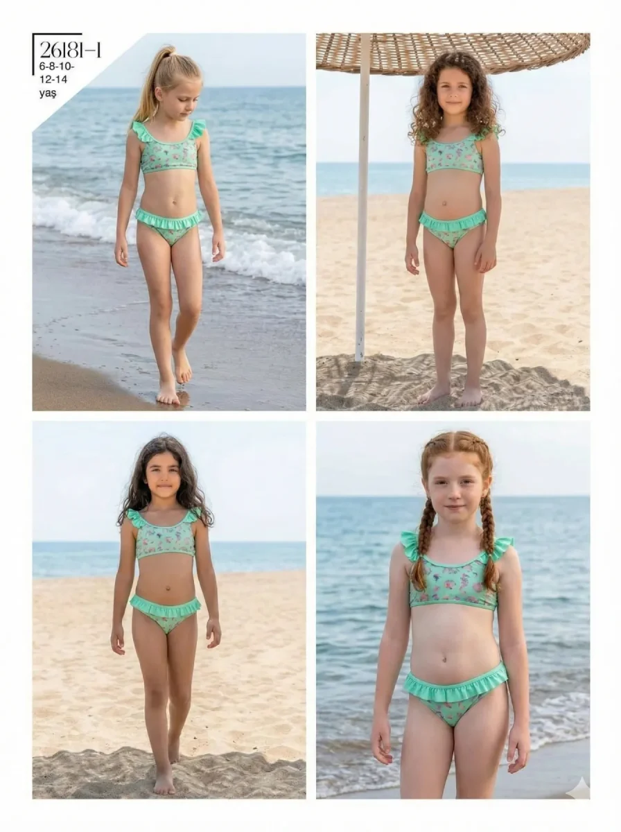 Toptan 2026 Su Yeşili Desenli Fırfırlı Kız Çocuk Bikini Takımı - İstanbul Mayo - 1
