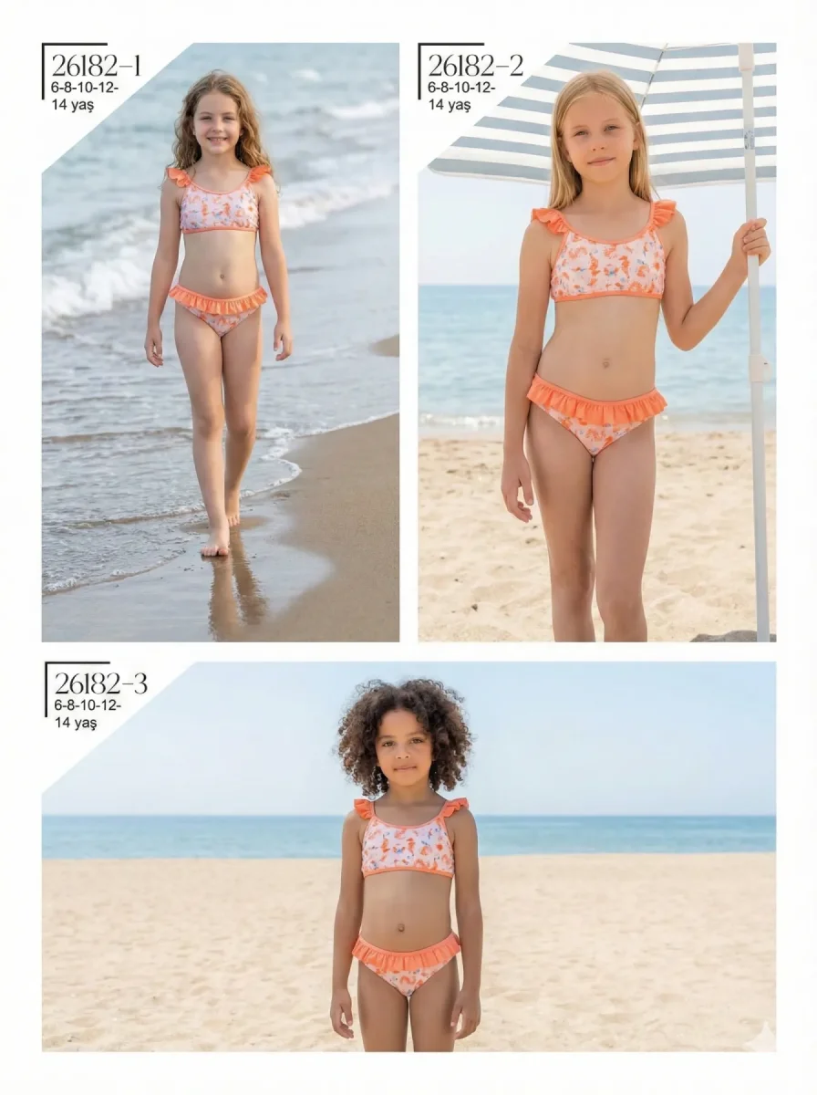 Toptan 2026 Fırfırlı Çiçek Desenli Kız Çocuk Bikini Takımı - İstanbul Mayo - 1