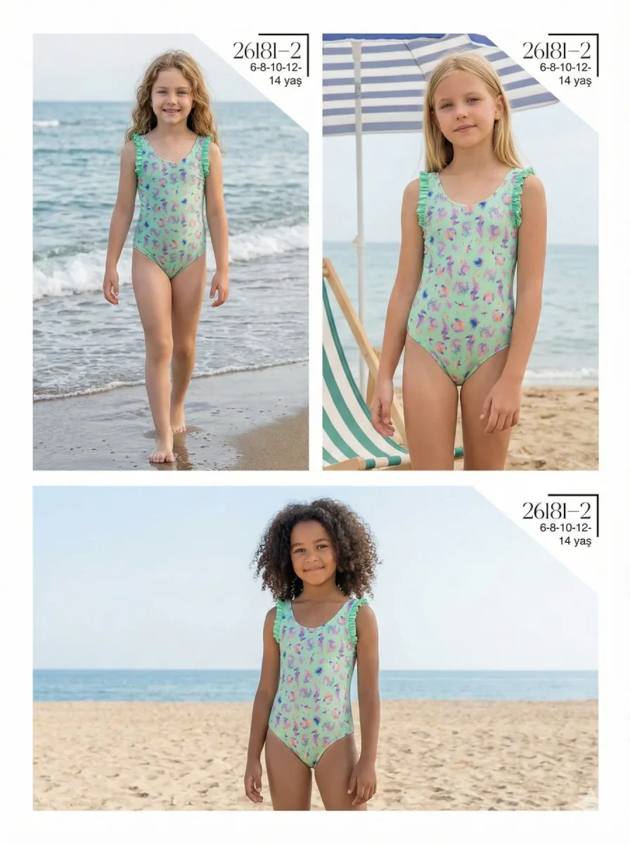 Toptan 2026 Su Yeşili Desenli Fırfırlı Kız Çocuk Mayo - İstanbul Mayo - 1