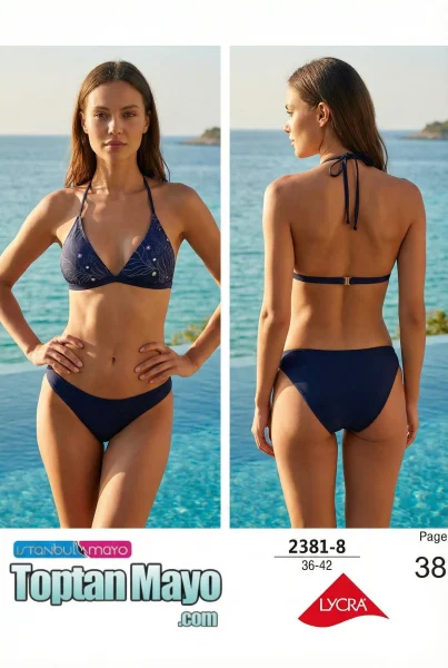 Toptan İstanbul Swimwear Lacivert Yıldız Desenli Boyundan Bağlamalı Bikini (Kod: 2381-8) - İstanbul Swimwear