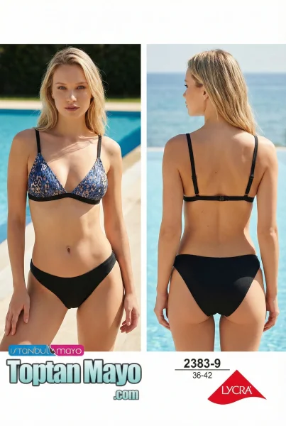 Toptan İstanbul Swimwear Mavi Leopar Desenli Siyah Bantlı Üçgen Bikini Takımı (Kod: 2383-9) - İstanbul Swimwear