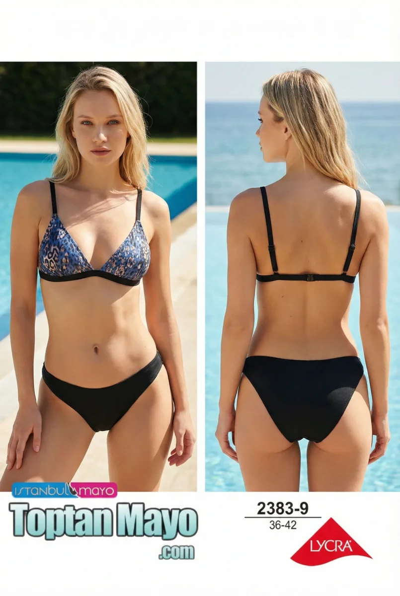Toptan İstanbul Swimwear Mavi Leopar Desenli Siyah Bantlı Üçgen Bikini Takımı (Kod: 2383-9) - 1