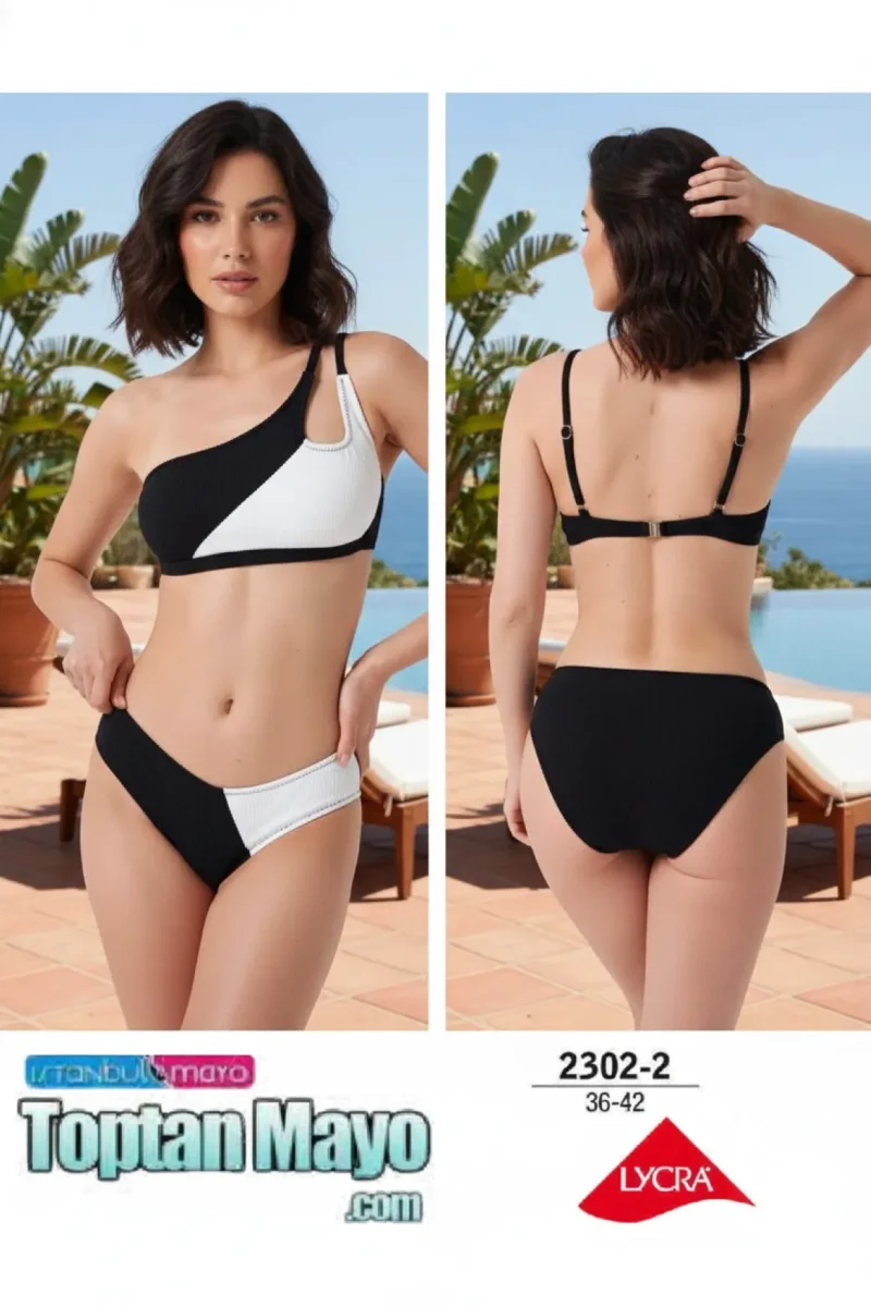 İstanbul Mayo 2302-2 Siyah Beyaz Asimetrik Tek Omuz Bikini Takımı (36-42 Seri) - 1