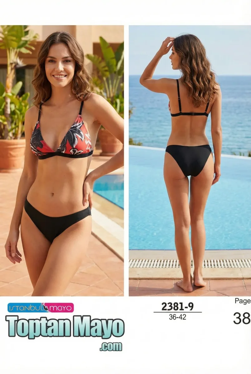 Toptan Kadın Kırmızı Tropikal Desenli Askılı Bikini Takımı - 1