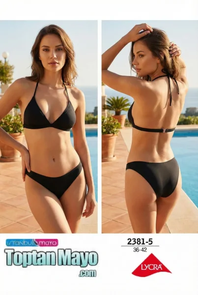 Toptan Kadın Siyah Düz Üçgen Bikini Takımı - İstanbul Swimwear