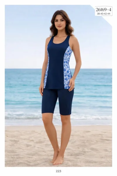 Toptan Tankini Taytlı Mayo Lacivert Desenli - Istanbul Mayo