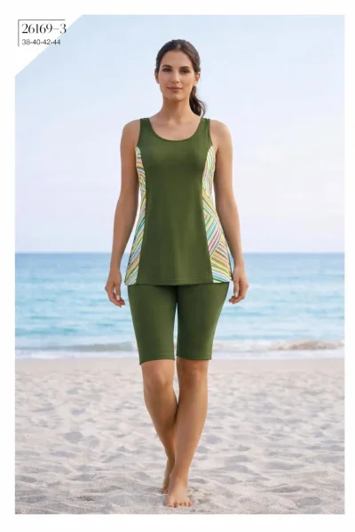 Toptan Tankini Taytlı Mayo Haki Çizgili - Istanbul Mayo