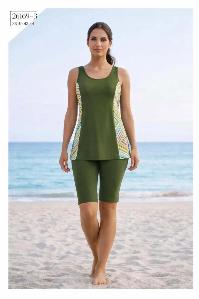 Toptan Tankini Taytlı Mayo Haki Çizgili - 1