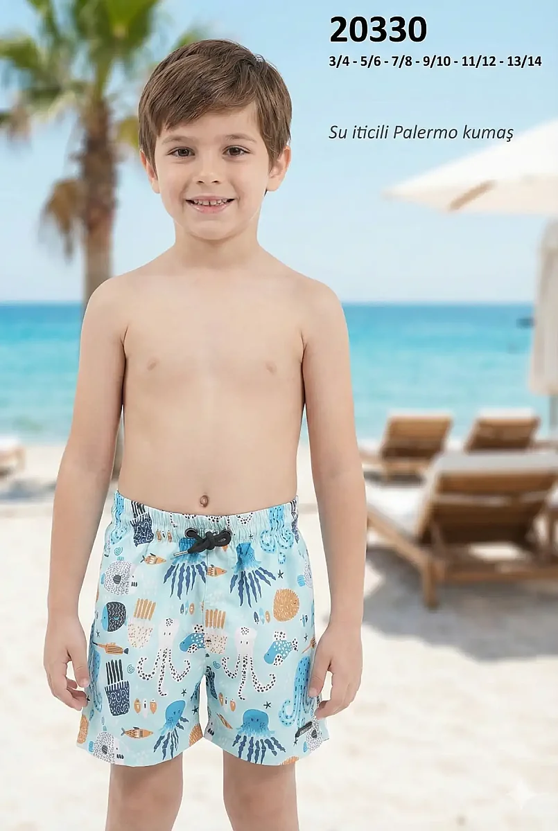 Toptan Su İticili Ahtapot Desenli Erkek Çocuk Deniz Şortu - 1