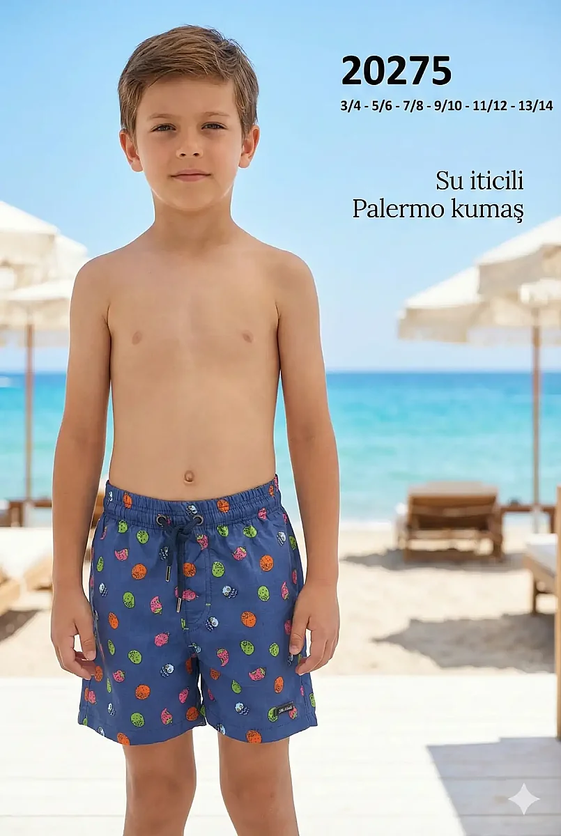 Toptan Su İticili Eğlenceli Figür Desenli Erkek Çocuk Deniz Şortu - 1