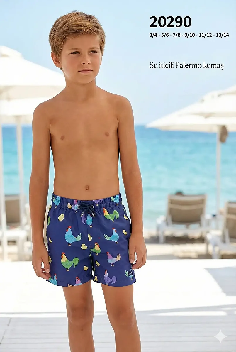 Toptan Su İticili Horoz Desenli Erkek Çocuk Deniz Şortu - 1