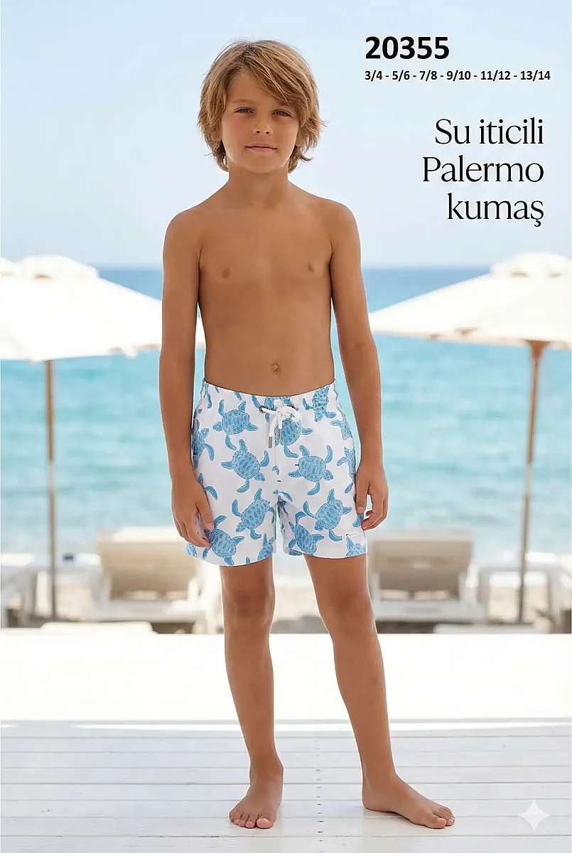 Toptan Su İticili Kaplumbağa Desenli Erkek Çocuk Deniz Şortu - 1
