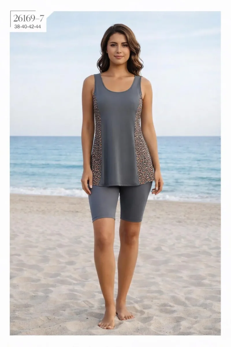 Toptan Tankini Taytlı Mayo Gri Leopar Detaylı - 1