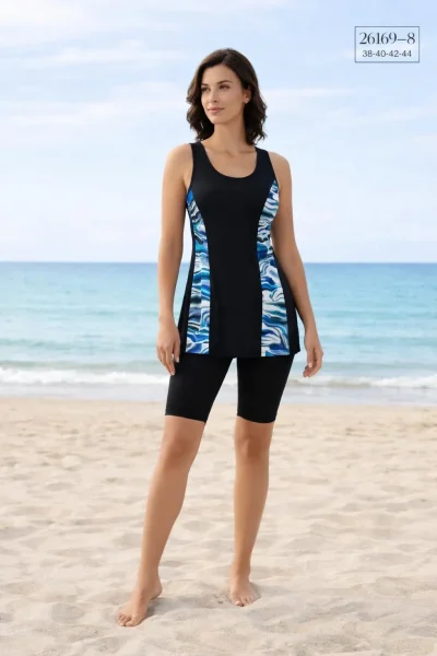 Toptan Tankini Taytlı Mayo Siyah Mavi Desenli - Istanbul Mayo