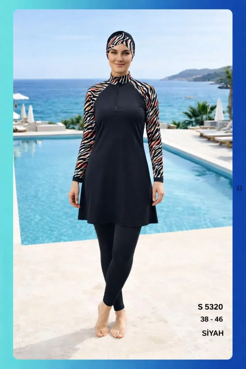 Toptan Tesettür Mayo Kırmızı Desenli Üst Lacivert Alt Yeni Sezon - 1