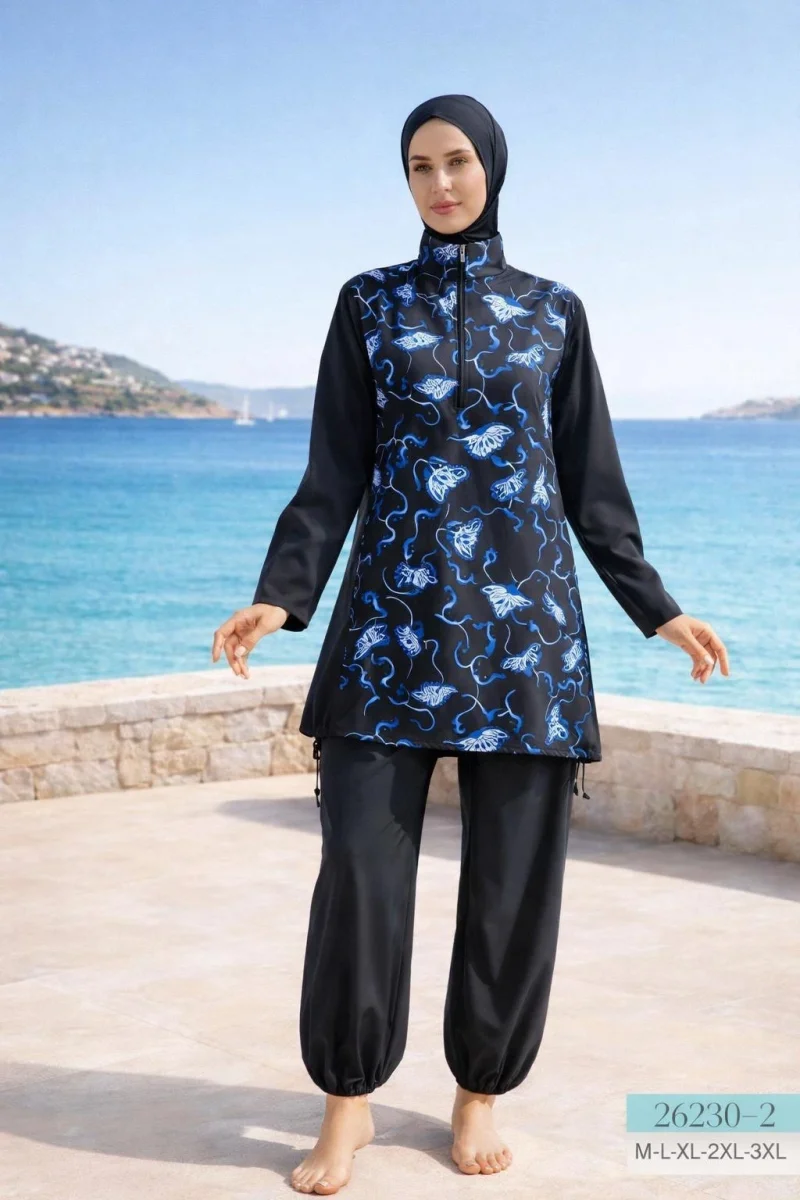 Toptan Siyah Mavi Desenli Tam Kapalı Tesettür Mayo - B2B Özel Satış - 1