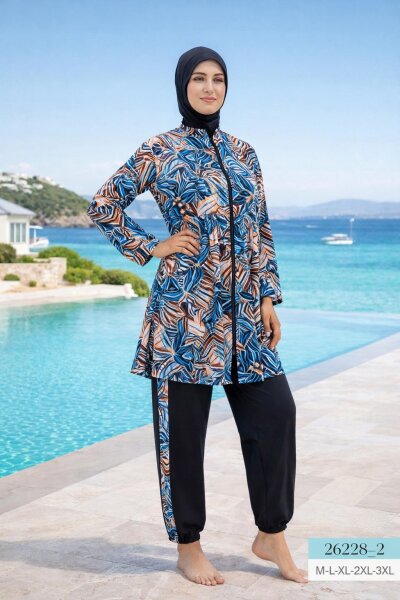 Canlı Desenli Fermuarlı Toptan Tesettür Mayo – Akıcı Kesim Model - İstanbul Mayo