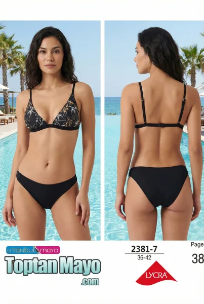 İstanbul Mayo 2381-7 Siyah Gold Tropikal Desenli Askılı Bikini Takımı (36-42 Seri) - İstanbul Swimwear