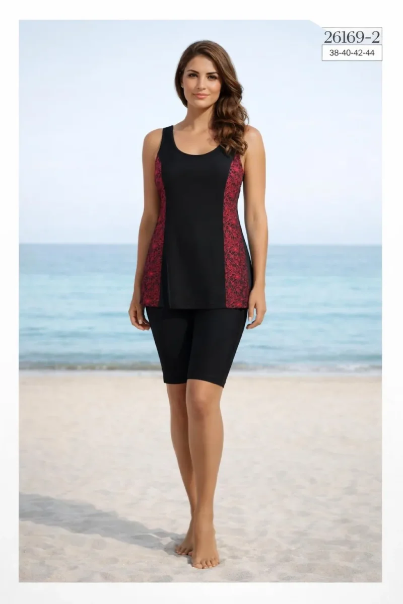 Toptan Tankini Taytlı Mayo Siyah Bordo - 1