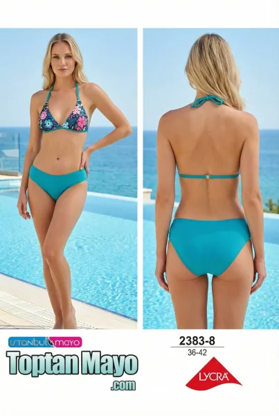 Toptan İstanbul Swimwear Turkuaz Çiçek Desenli Boyundan Bağlamalı Bikini Takımı (Kod: 2383-8) - İstanbul Swimwear