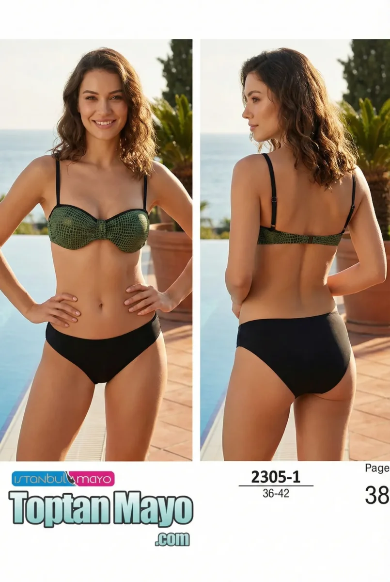 İstanbul Mayo 2305-1 Yeşil Dokulu Straplez Bikini Takımı (36-42 Seri) - 1