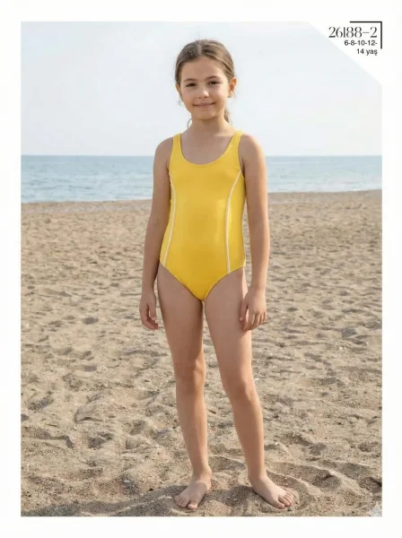Toptan 2026 Kız Çocuk Mayo - Sarı Beyaz Biyeli Klasik Model - İstanbul Mayo - İstanbul Mayo