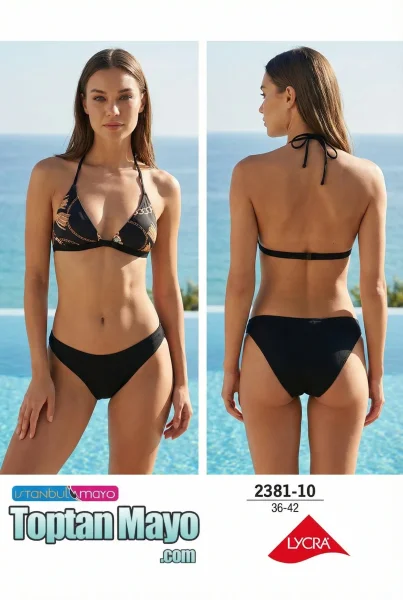 Toptan İstanbul Swimwear Siyah Gold Zincir Desenli Üçgen Bikini Takımı (Kod: 2381-10) - İstanbul Swimwear