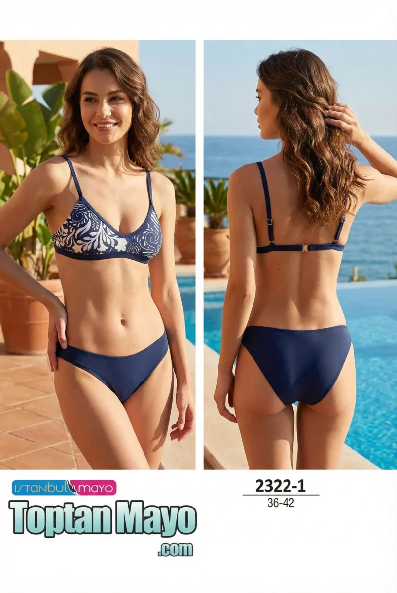 İstanbul Mayo 2322-1 Lacivert Etnik Desenli Üçgen Bikini Takımı (36-42 Seri) - 1
