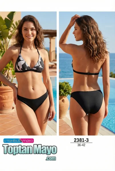 Toptan Kadın Siyah Beyaz Desenli Üçgen Bikini Takımı - İstanbul Swimwear