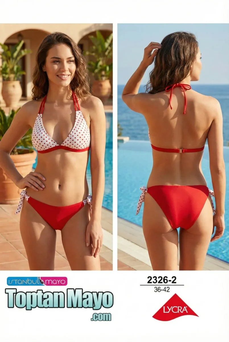 Toptan Kadın Kırmızı Puantiyeli Bağlamalı Üçgen Bikini Takımı - 1