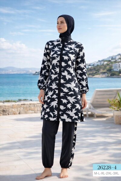 Desenli Fermuarlı Toptan Tesettür Mayo – Tam Kapalı Model - İstanbul Mayo