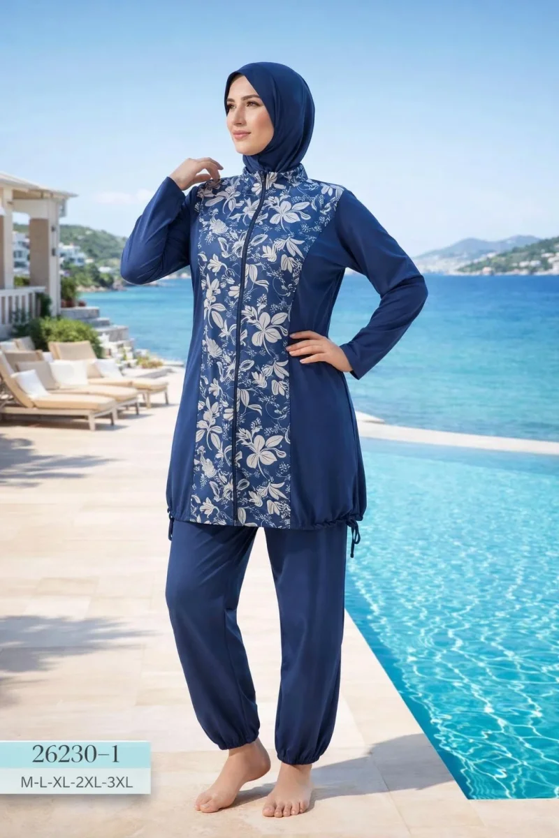 Desenli Tam Kapalı Toptan Tesettür Mayo – Büyük Beden Uyumlu - 1