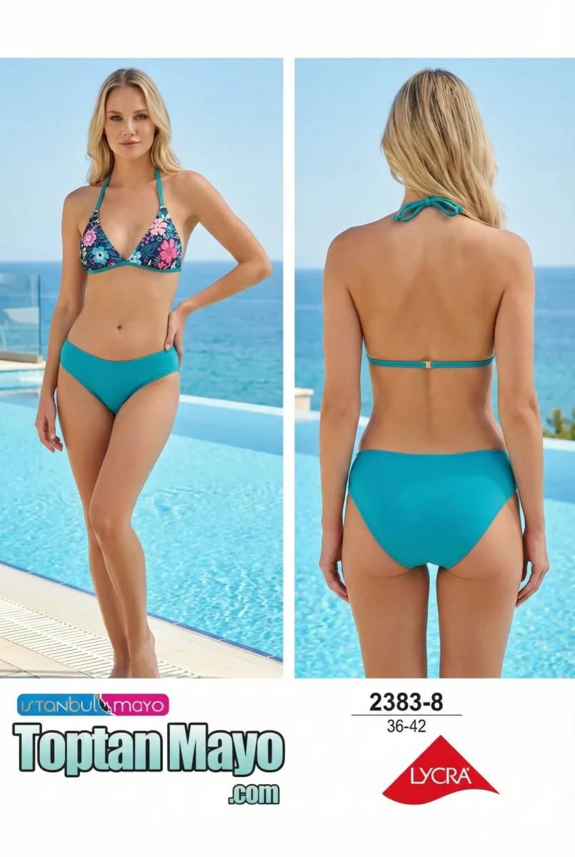 Toptan İstanbul Swimwear Turkuaz Çiçek Desenli Boyundan Bağlamalı Bikini Takımı (Kod: 2383-8) - 1