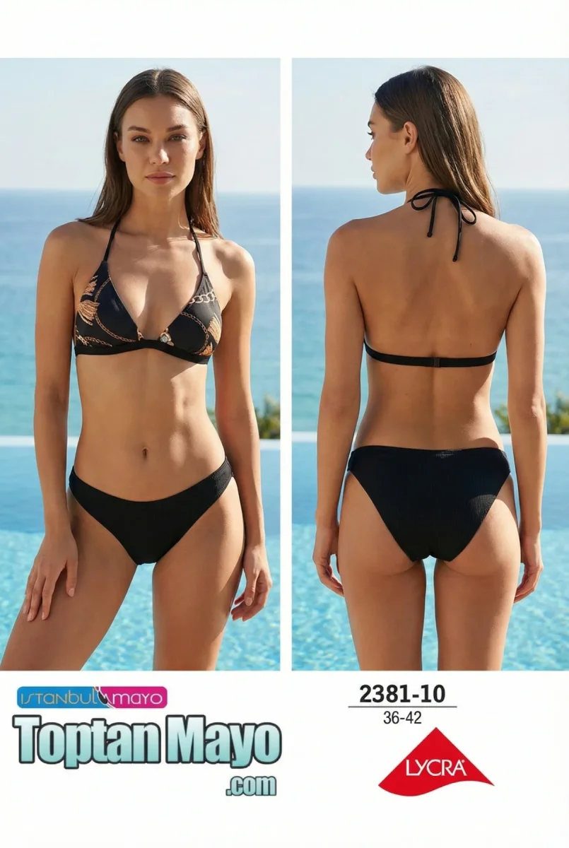 Toptan İstanbul Swimwear Siyah Gold Zincir Desenli Üçgen Bikini Takımı (Kod: 2381-10) - 1