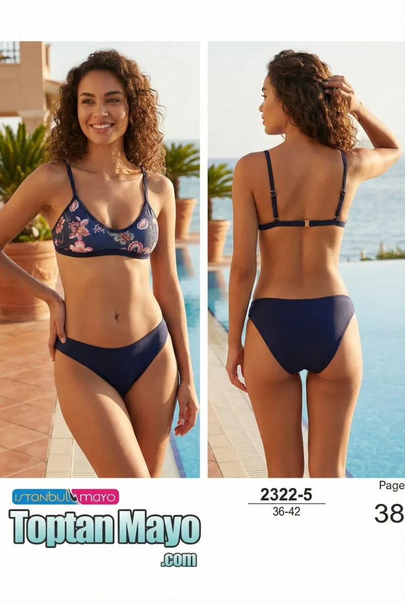 Toptan Kadın Lacivert Çiçek Desenli Bralet Bikini Takımı - 1