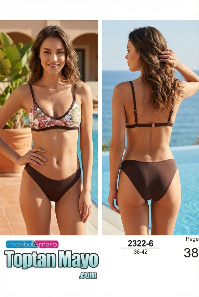 Toptan Kadın Kahverengi Tropikal Desenli Bralet Bikini Takımı - 1