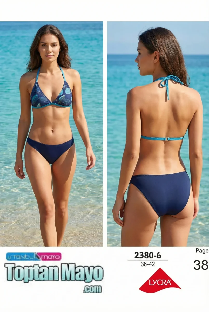 İstanbul Mayo 2380-6 Mavi Yaprak Desenli Turkuaz Biyeli Bikini Takımı (36-42 Seri) - 1